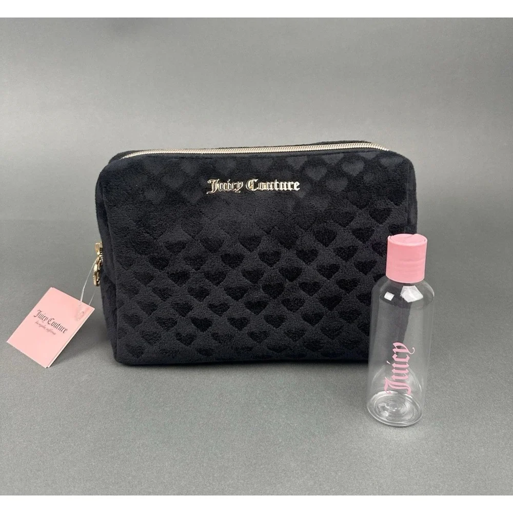 Juicy Couture Black Velour Hearts Makeup Cosmetic Bag‎ with Travel Bottle NEW